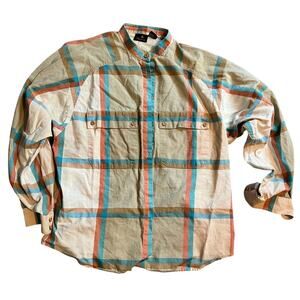 Liz Claiborne collarless long sleeve plaid shirt blue/pink size 10
